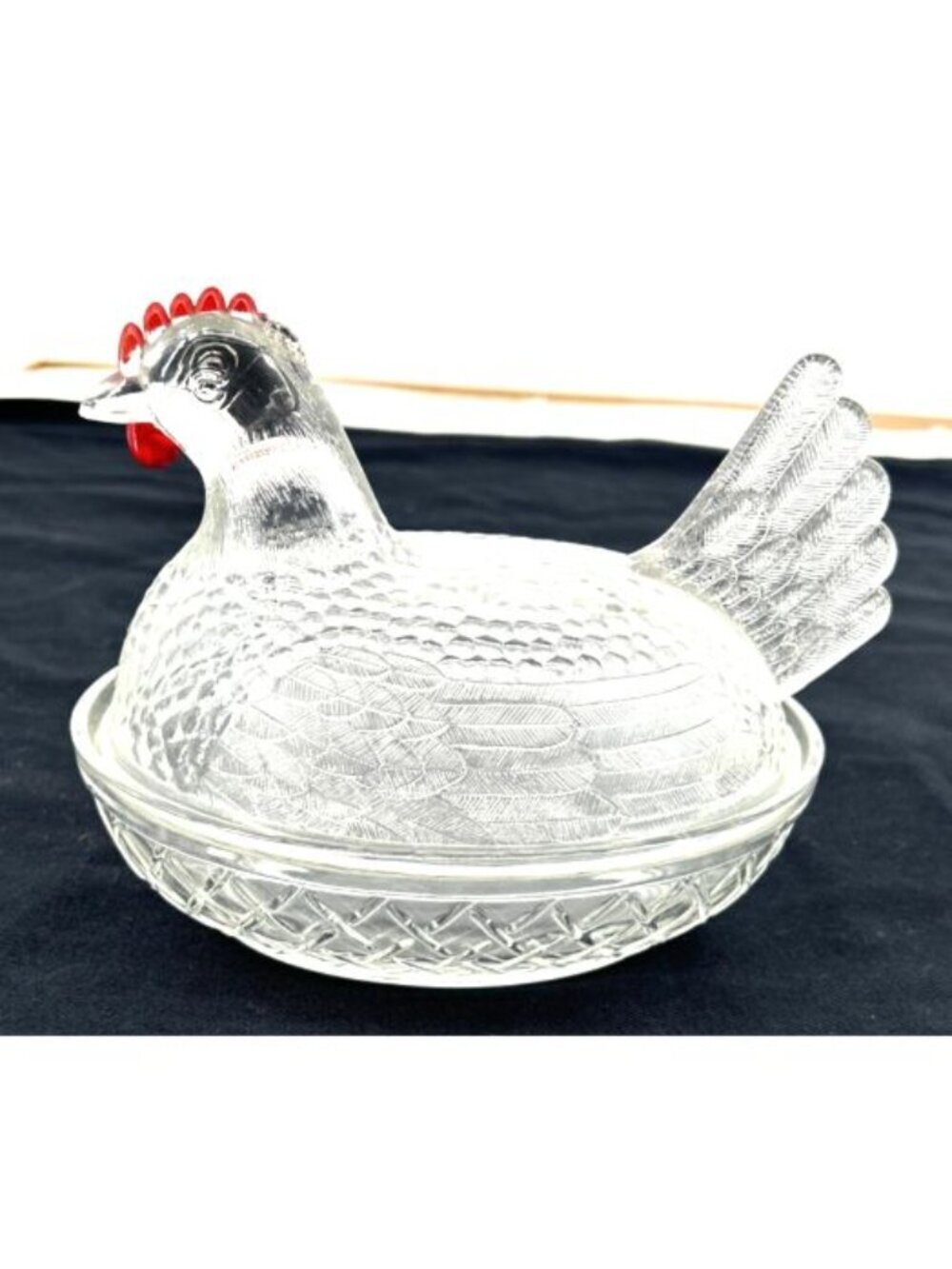 Indiana Glass Clear Hen On Nest 6.5" Covered Dish Nesting Chicken Red Comb Vtg
